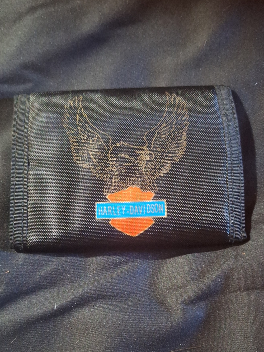 Harley-Davidson Black Trifold Velcro Wallet with Orange Shield and Blue Logo